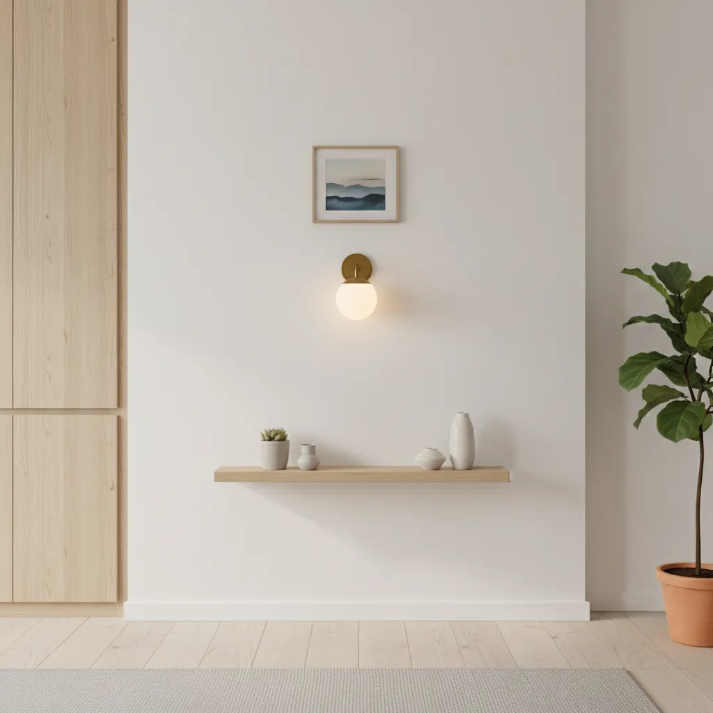 Vertical wall decor layout with wall light and floating shelf