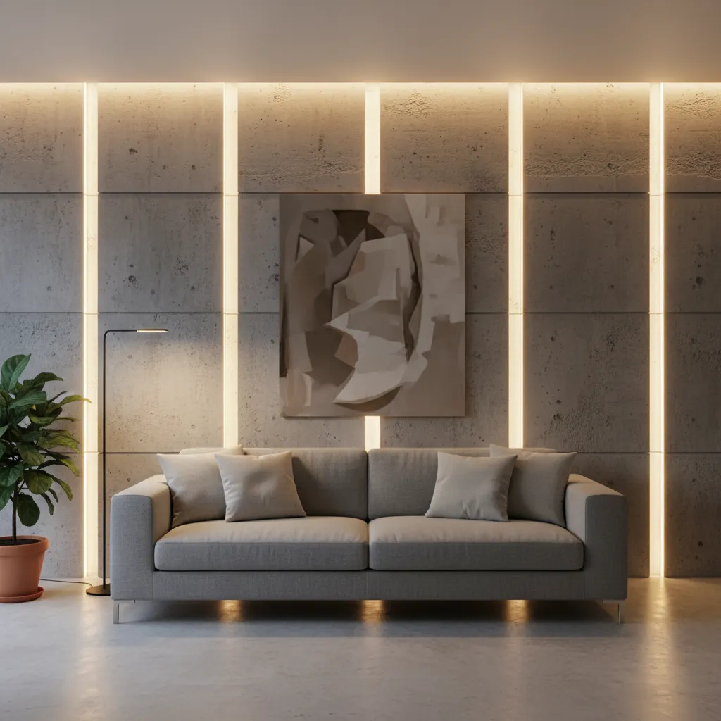 Pared iluminada con luz indirecta vertical en salón contemporáneo