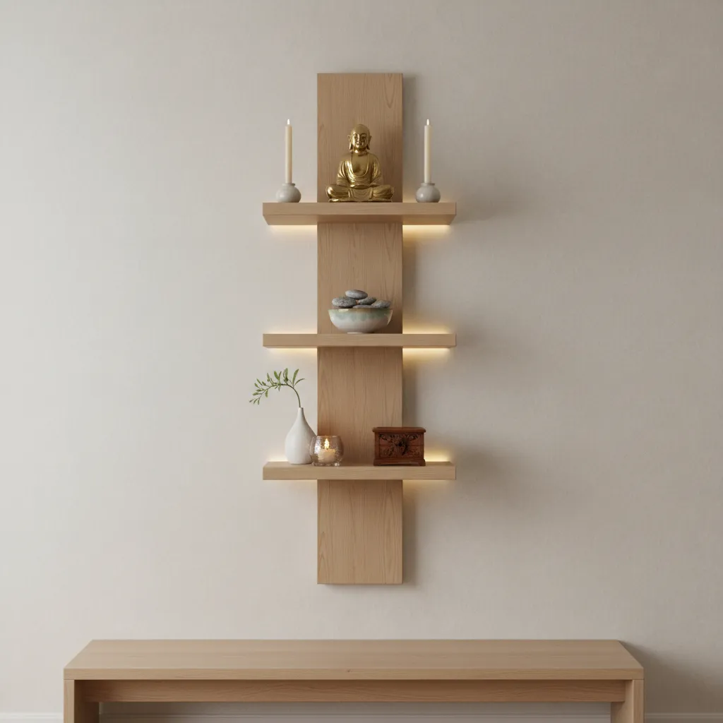 Vertical wall mounted altar with floating shelves in a small room