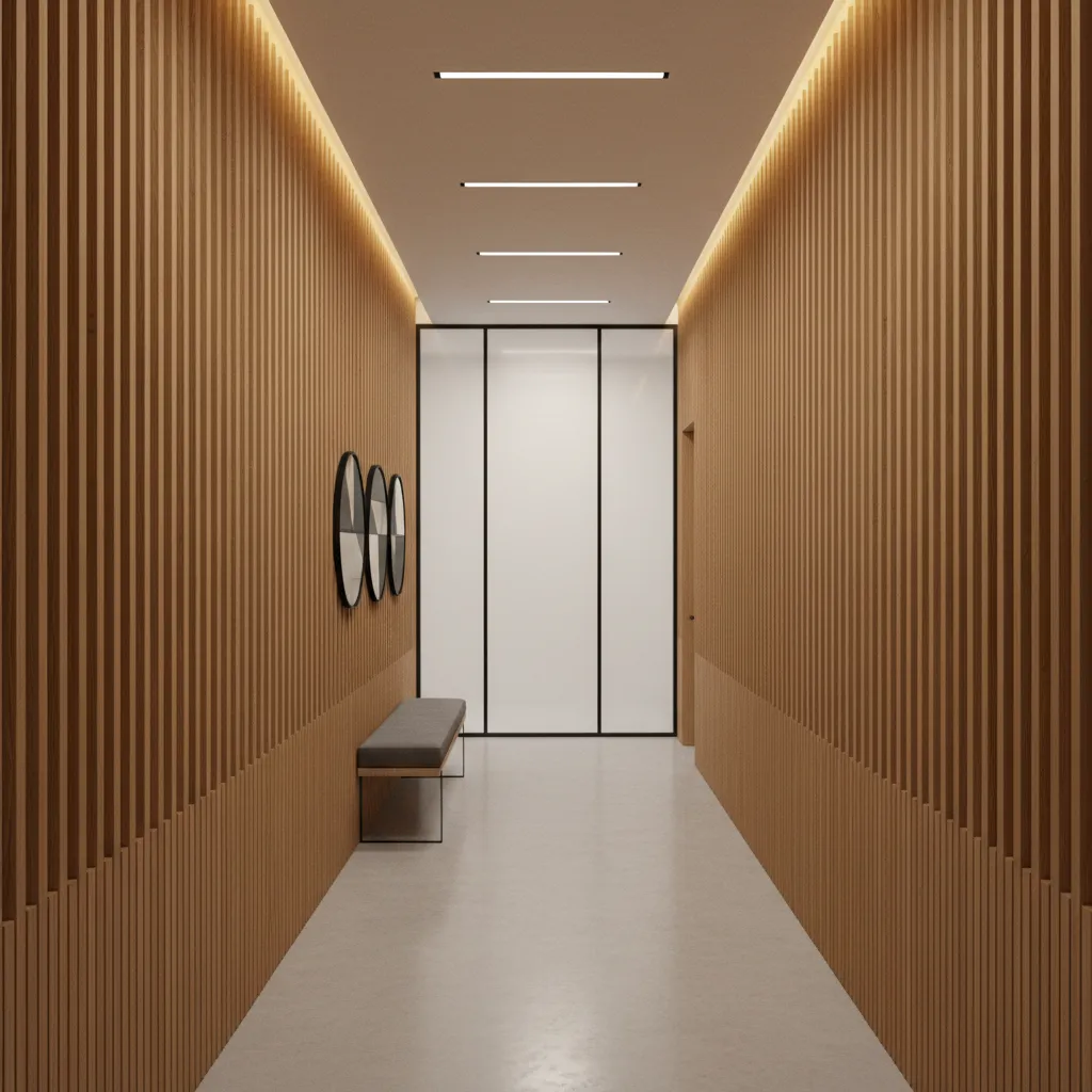 Corridor with vertical wood slat wall panels