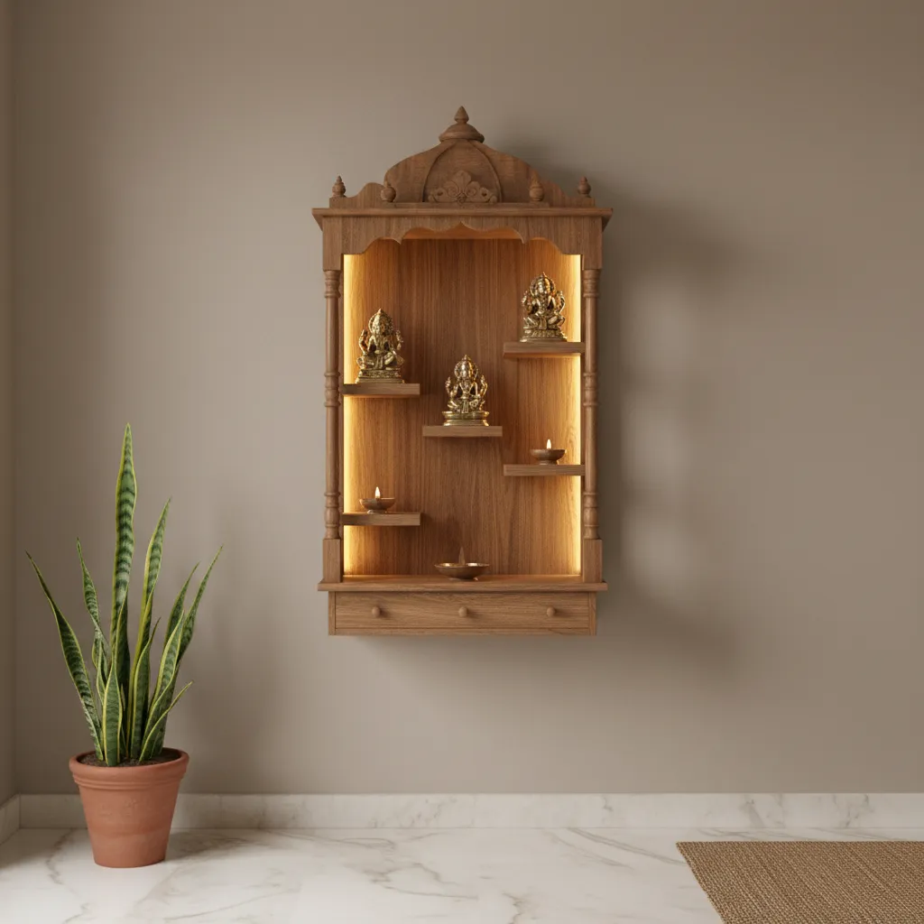 vertical wall mounted pooja unit with multiple shelves in a small home