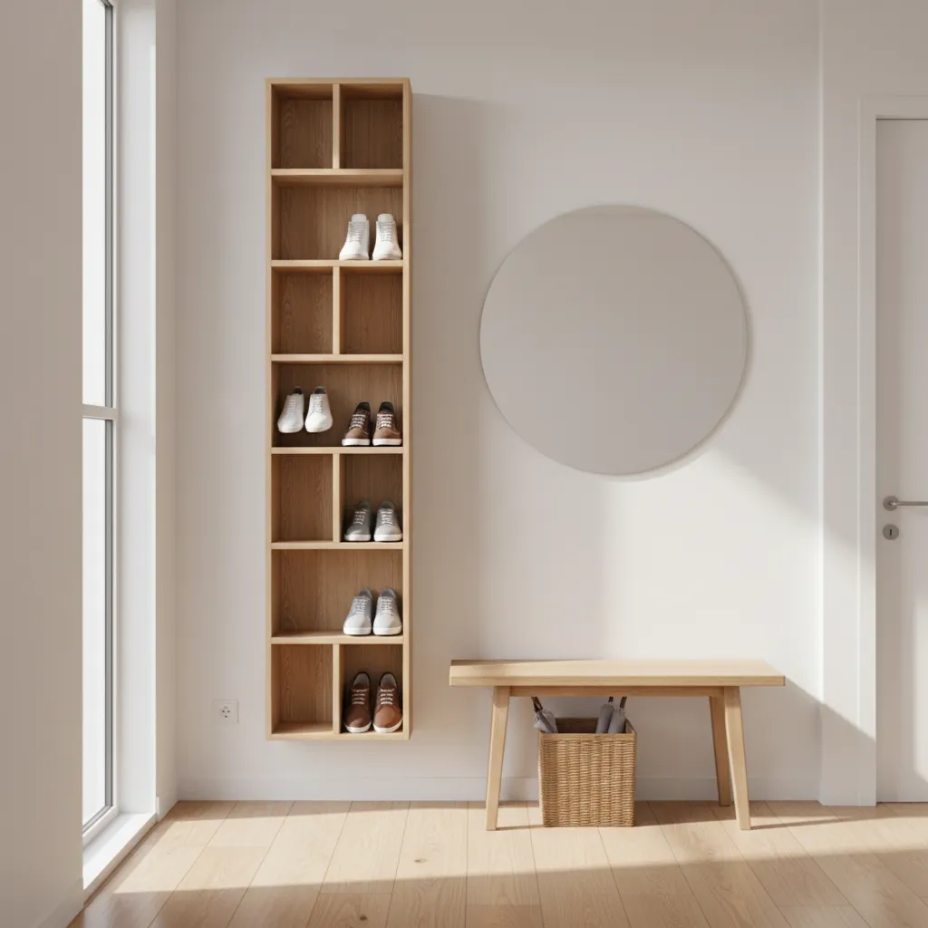 small apartment entryway with vertical wall mounted shoe rack