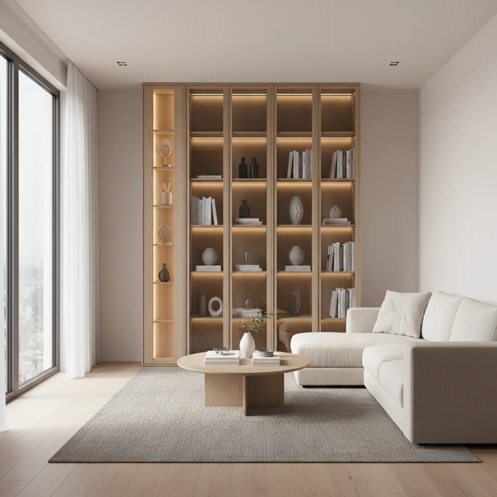 vertical wall showcase design suitable for small living room hall