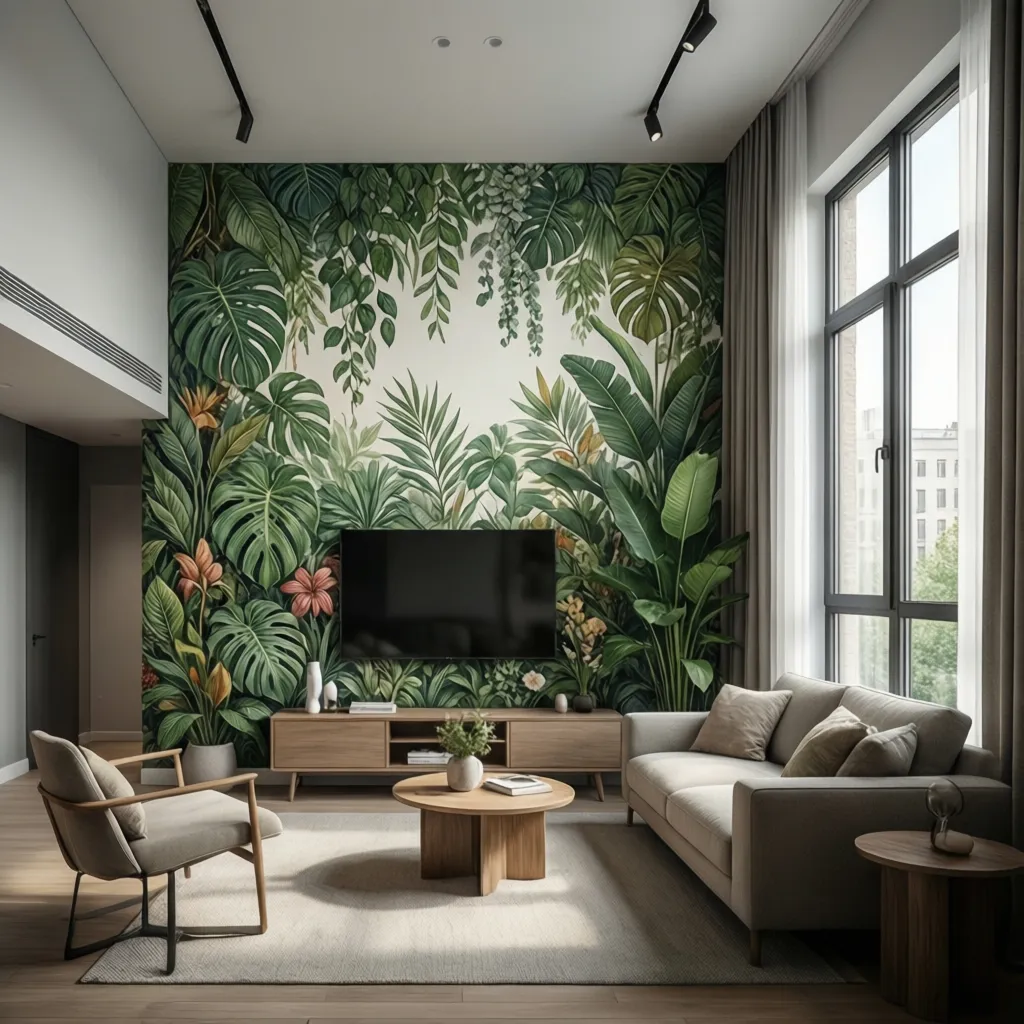 Vertical wall sticker design making a small living room appear taller