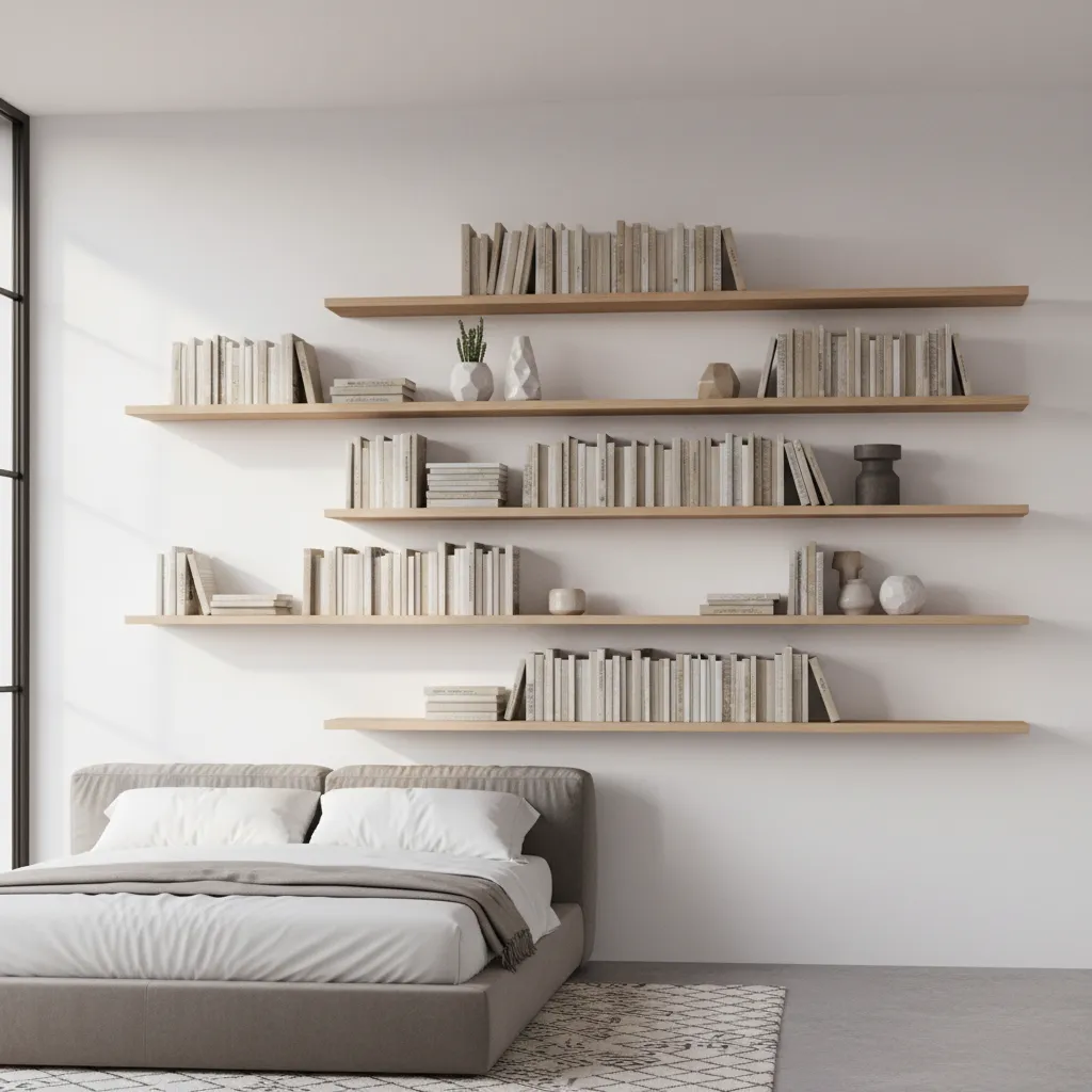 Bedroom wall with floating shelves used for vertical storage