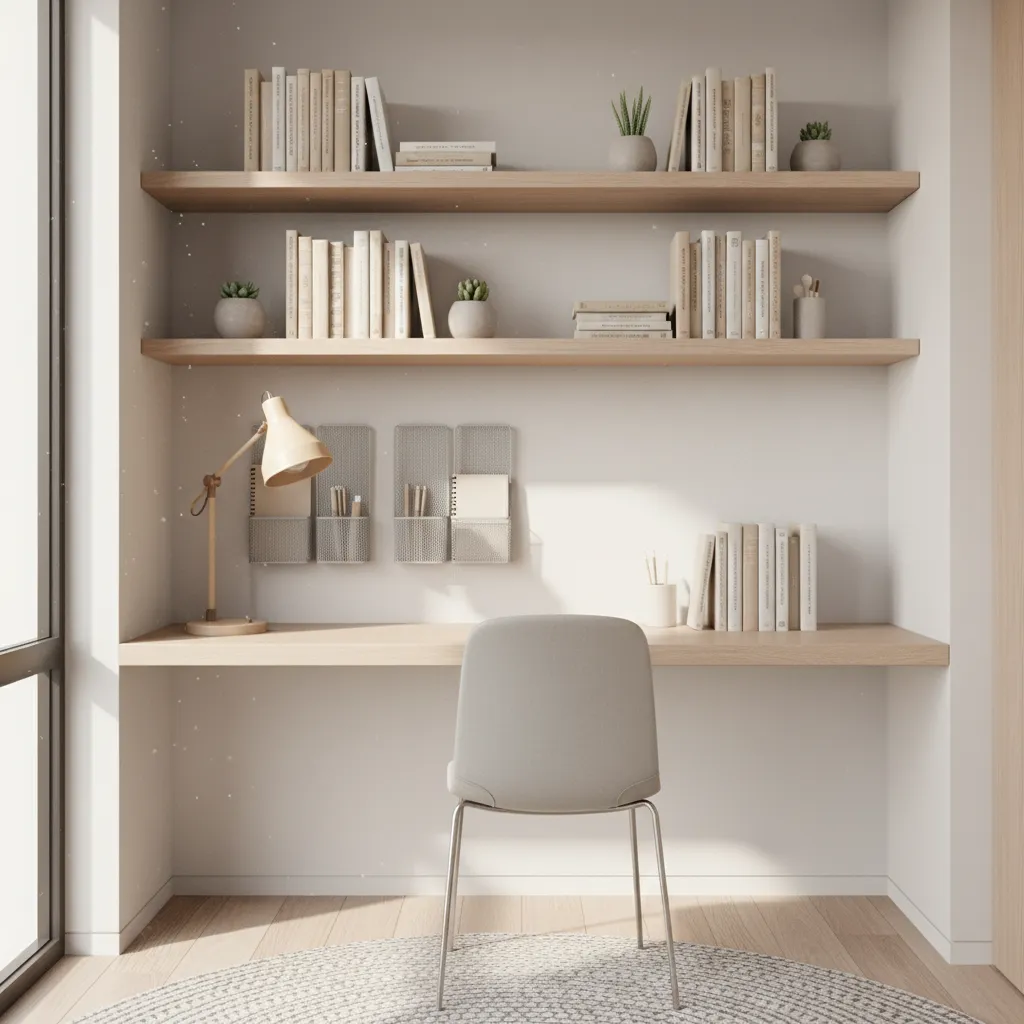 dorm room wall with vertical storage shelves and organizers above desk