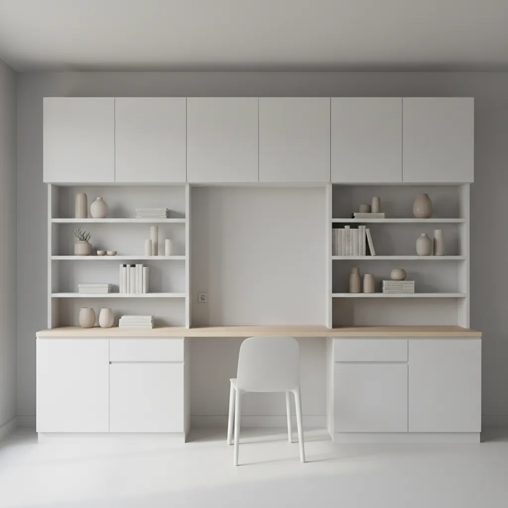 layered wall storage system with lower cabinets middle desk shelf and upper storage