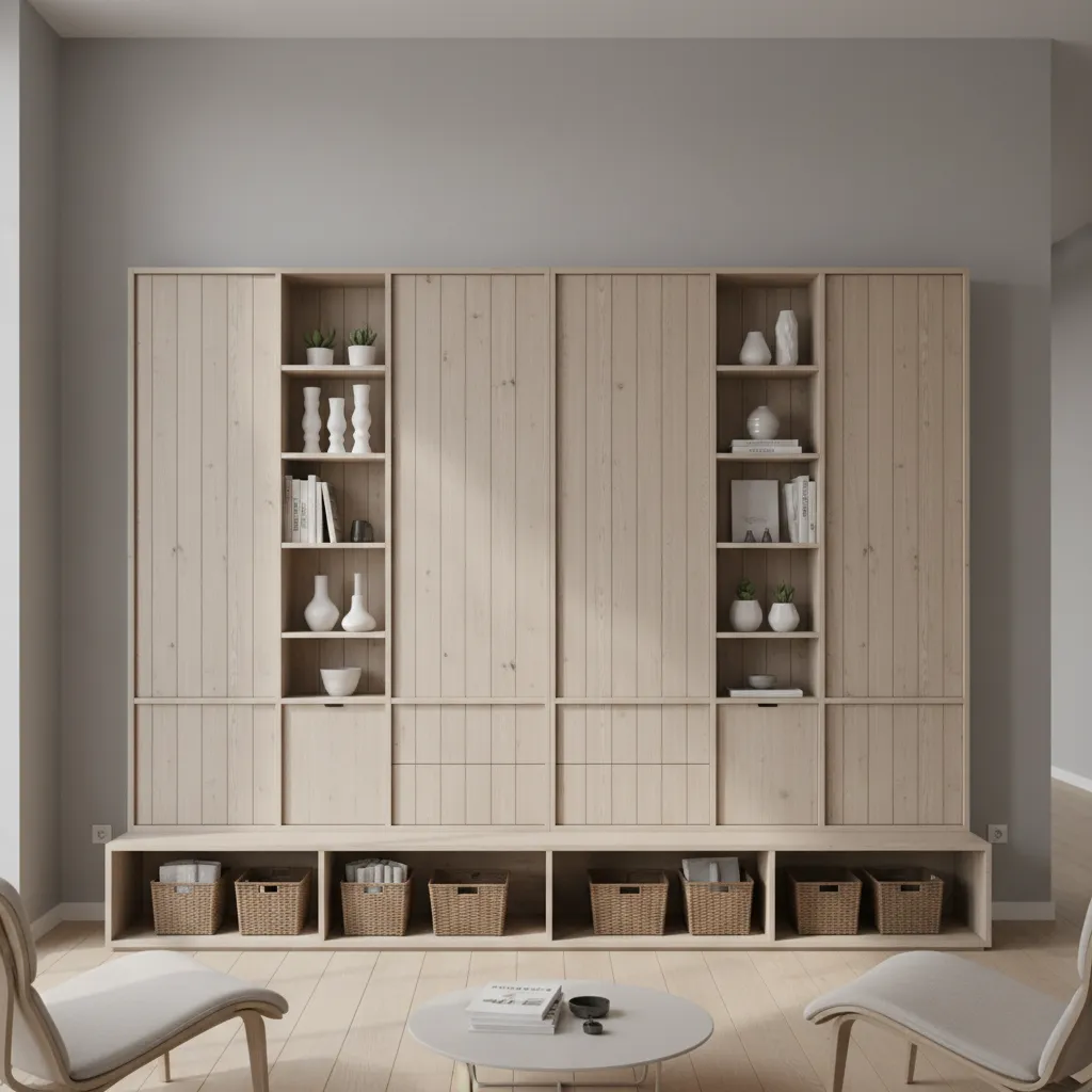 Vertical wall storage layout with shelves and organized zones