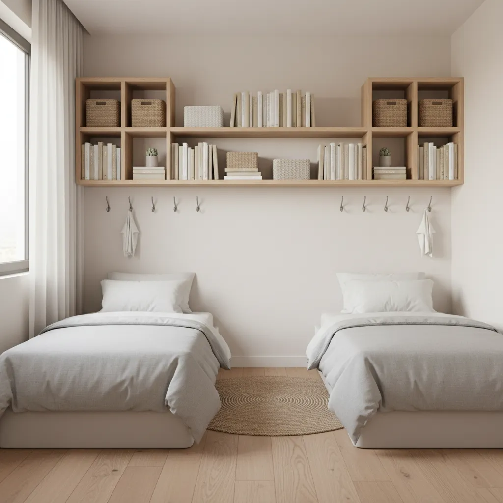Twin bedroom with floating shelves and wall storage
