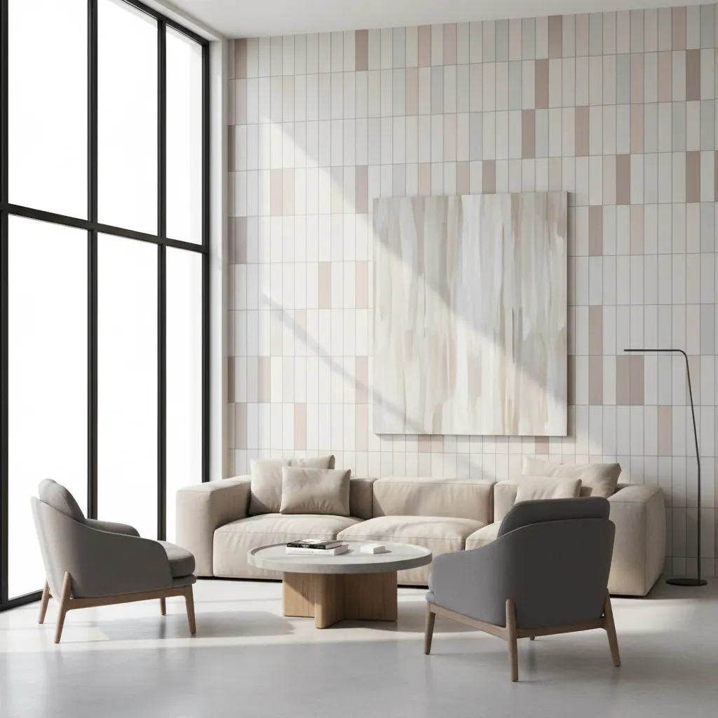 Vertical tile layout making a small living room wall appear taller