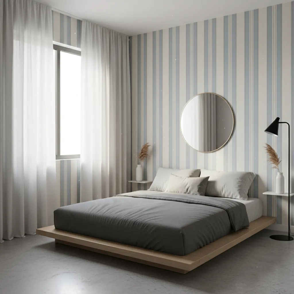 Bedroom with vertical stripe wallpaper that makes ceiling appear higher