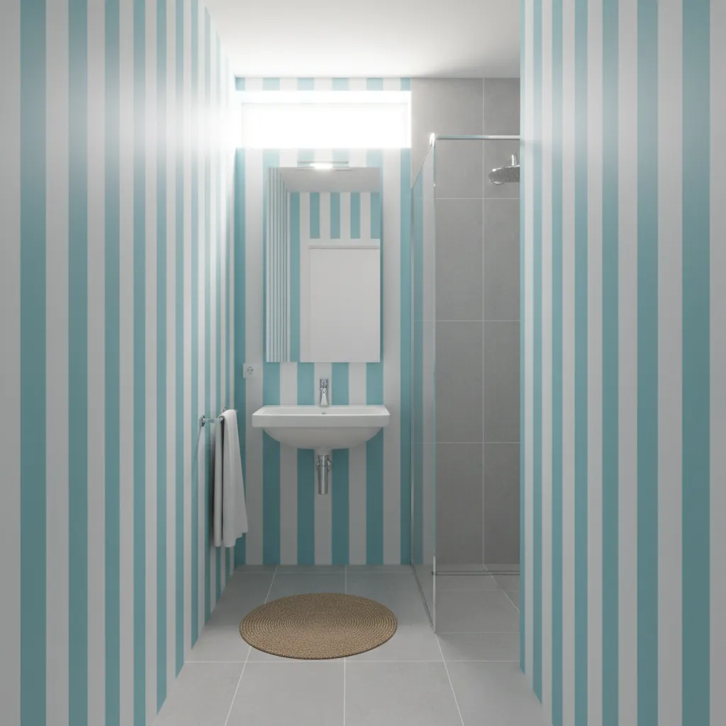 Vertical striped coastal wallpaper making small bathroom appear taller