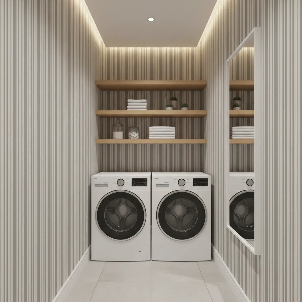 Vertical stripe wallpaper in a small laundry room making the ceiling appear taller