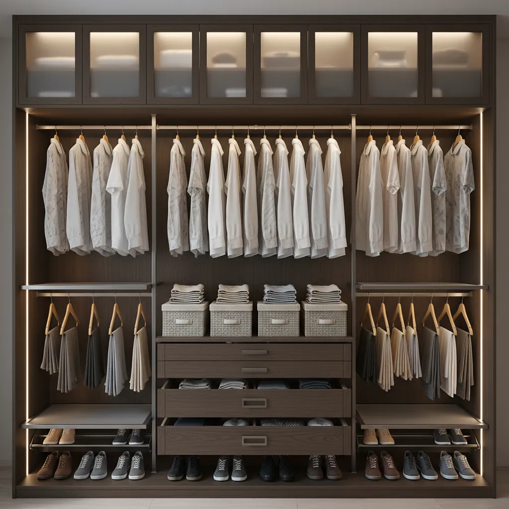 organized full height wardrobe interior with upper storage compartments