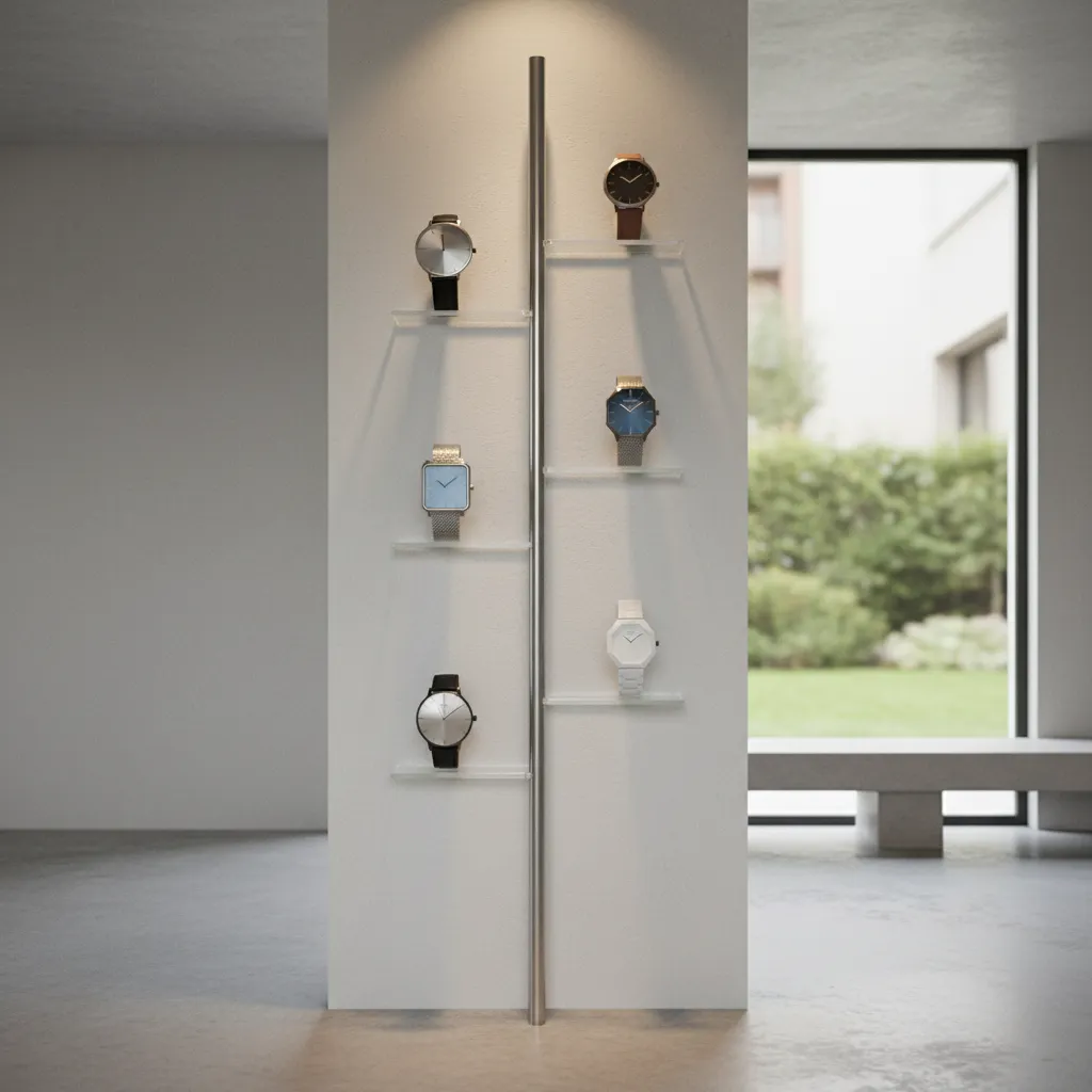 vertical bar system holding several wristwatches on a narrow wall