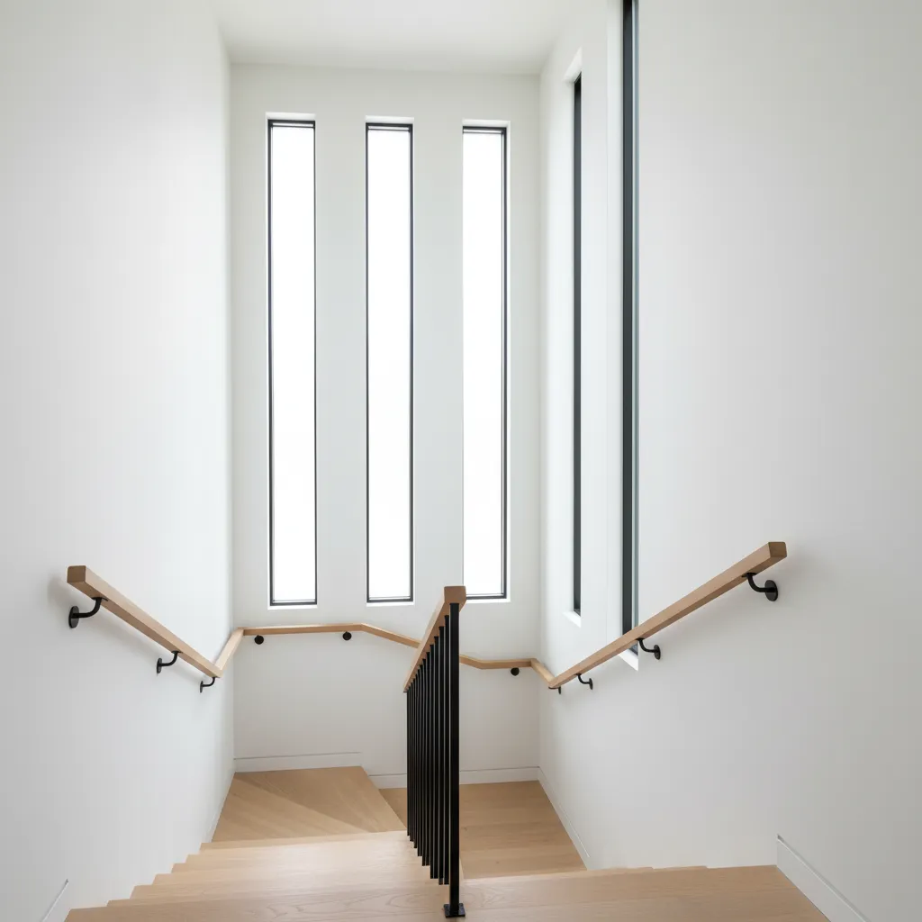 small home staircase with tall vertical windows bringing natural light