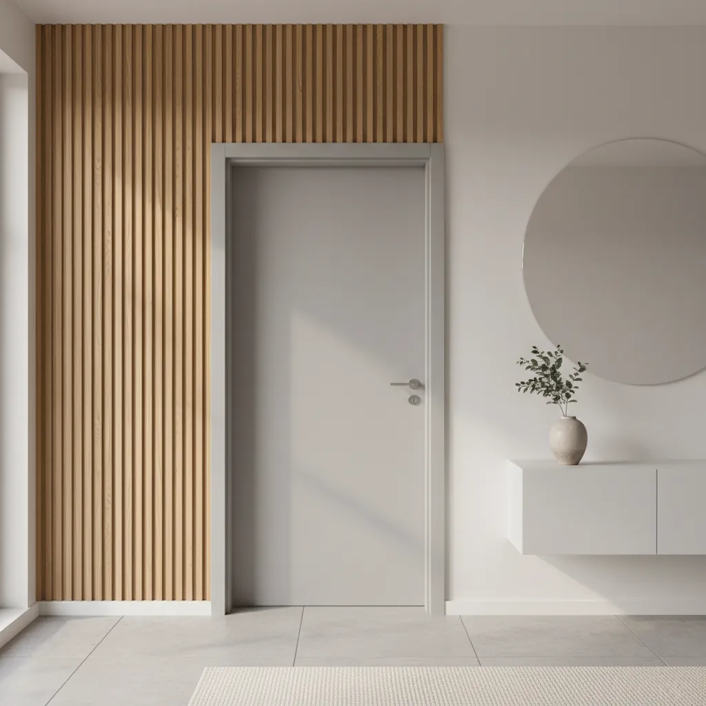 modern doorway framed by vertical wood slat wall design