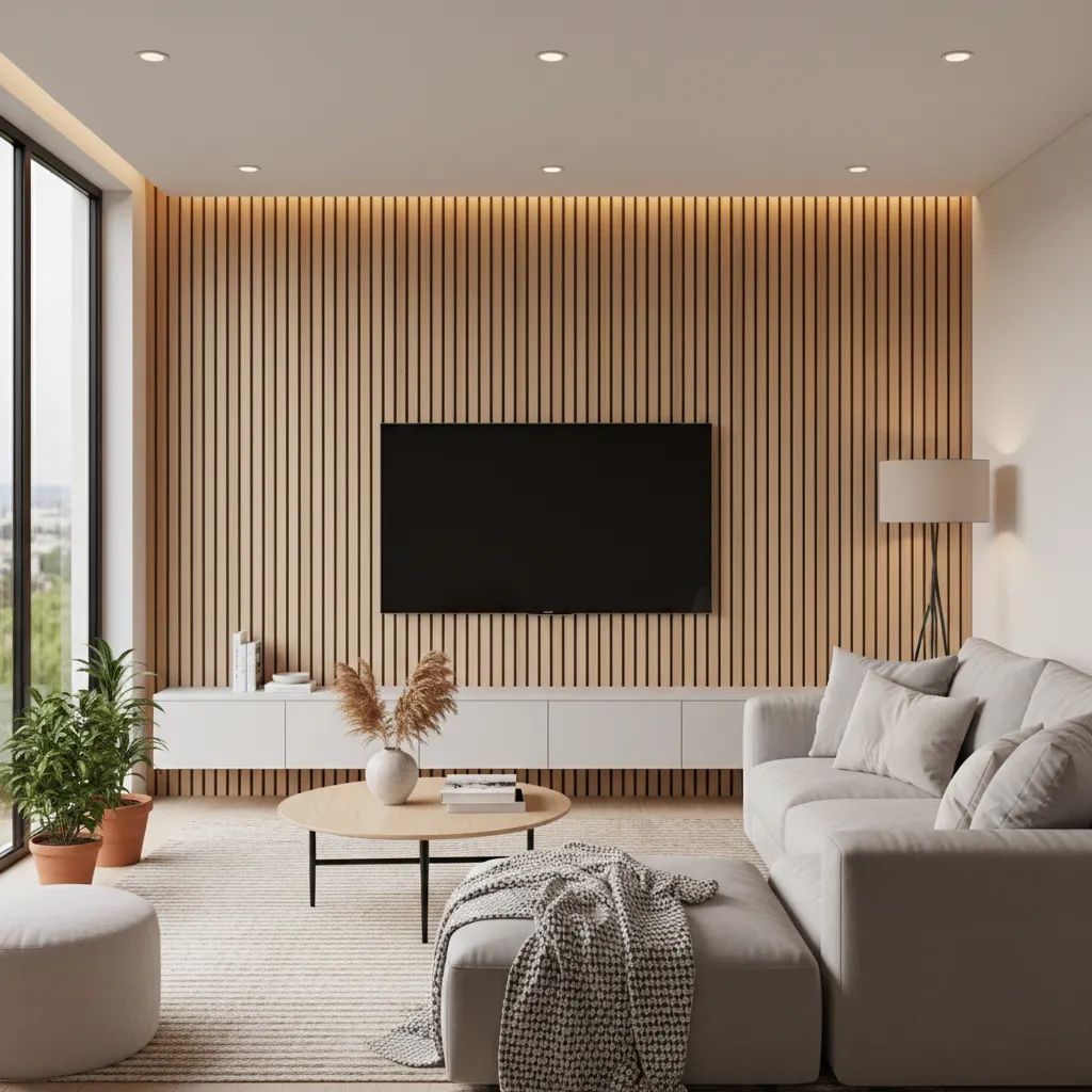 living room vertical wood slat accent wall behind TV