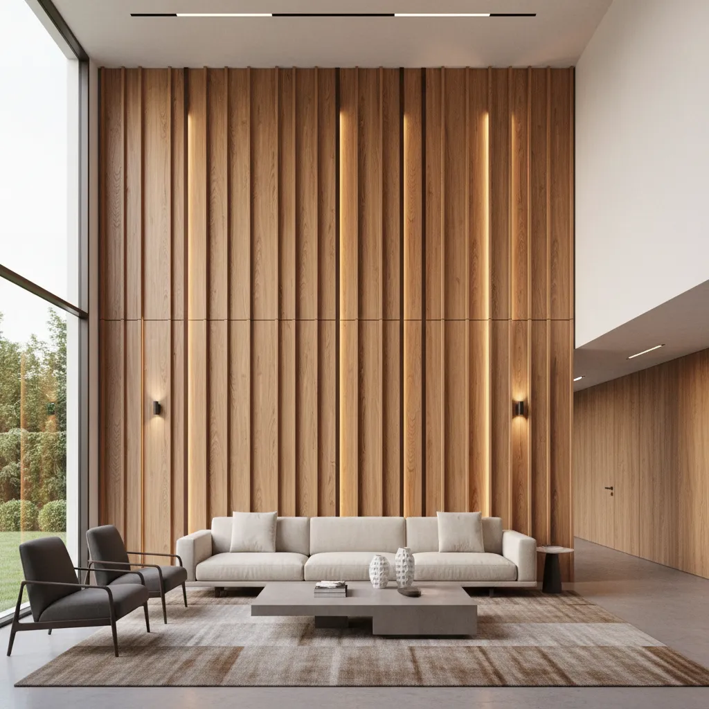 Double height living room wall with vertical wood slat feature design
