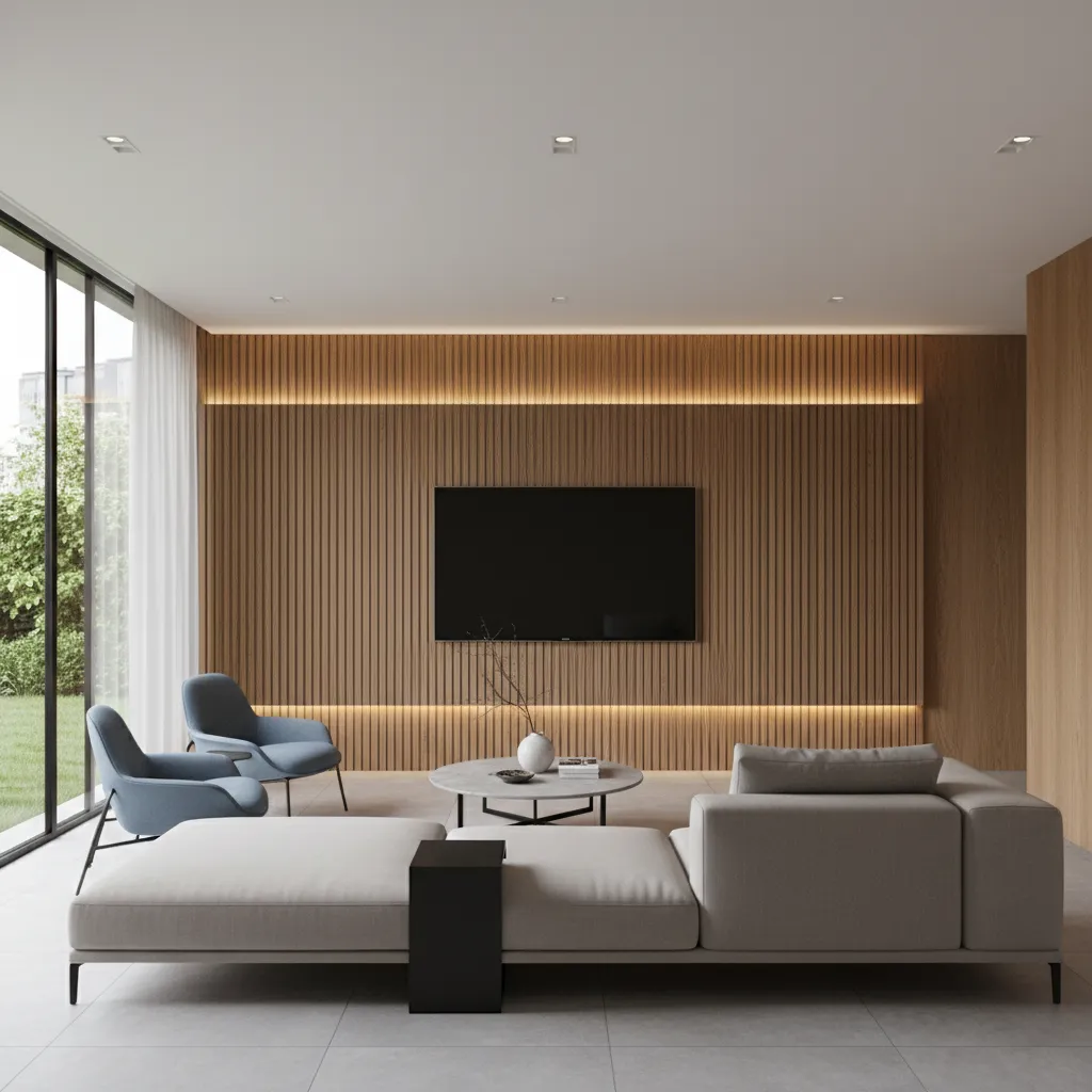 Modern living room with vertical wood slat textured feature wall