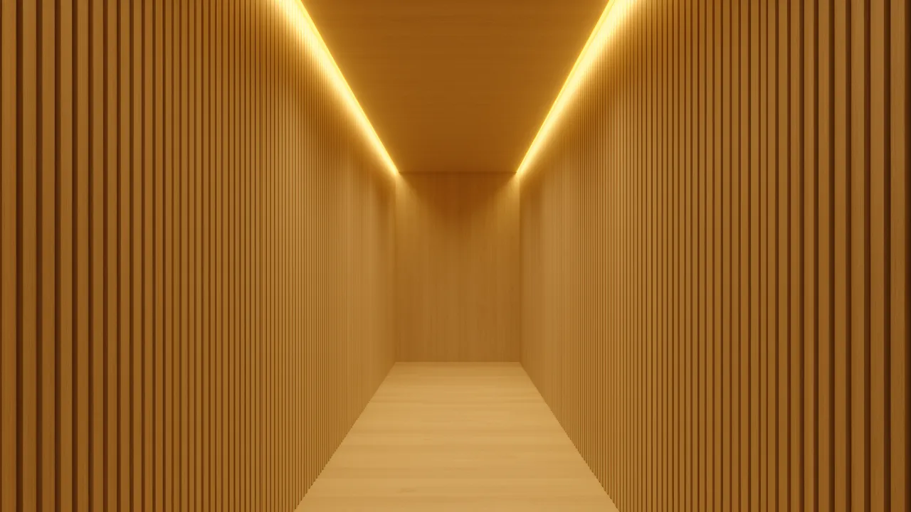 vertical wood slat panels in a narrow hallway with hidden lighting