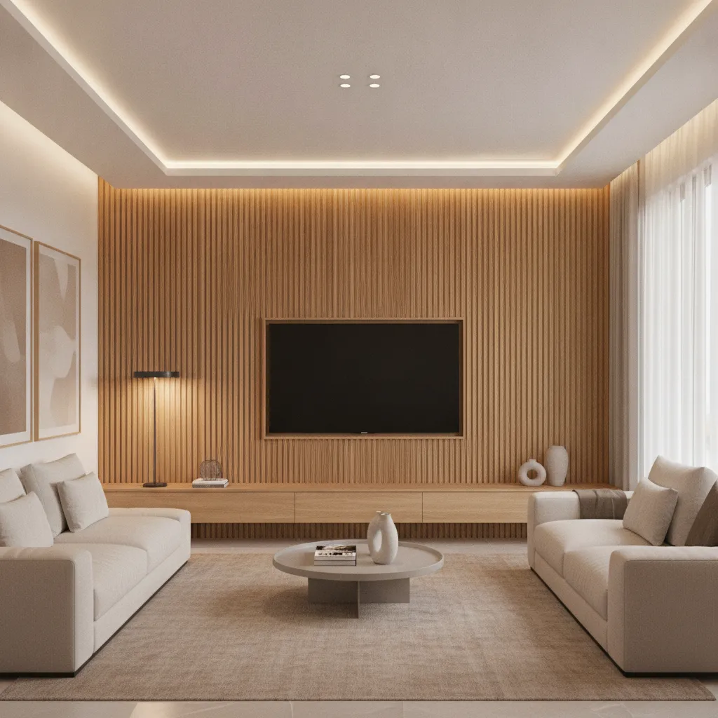 Modern living room with vertical wood slat textured wall behind television