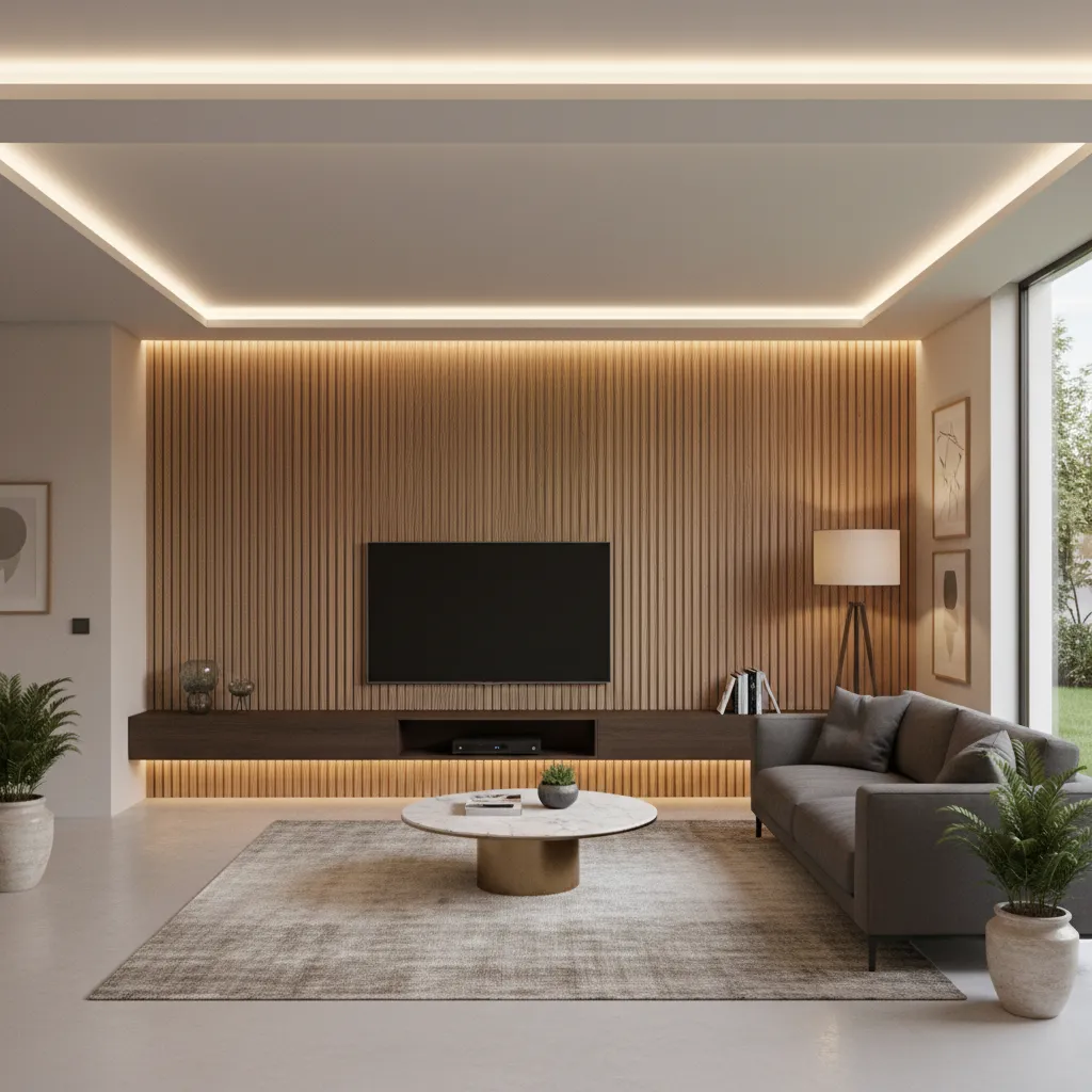 vertical wooden slat grill partition in modern living room