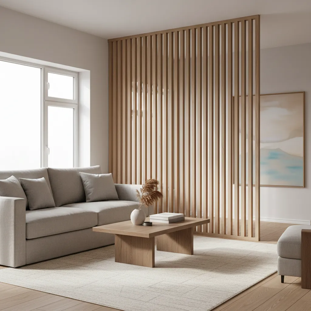 Vertical wooden slat divider in modern living room interior