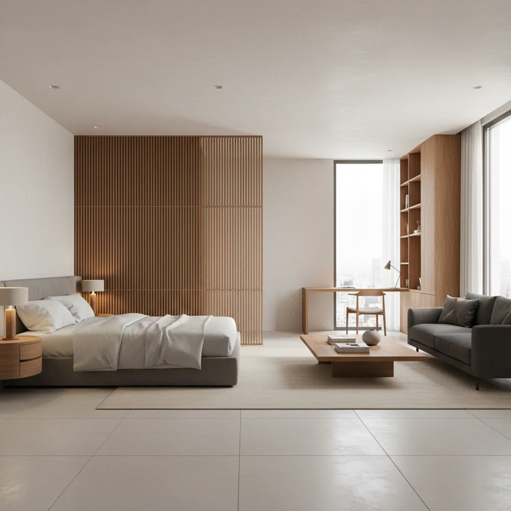 Vertical wood slat partition dividing living area and bedroom