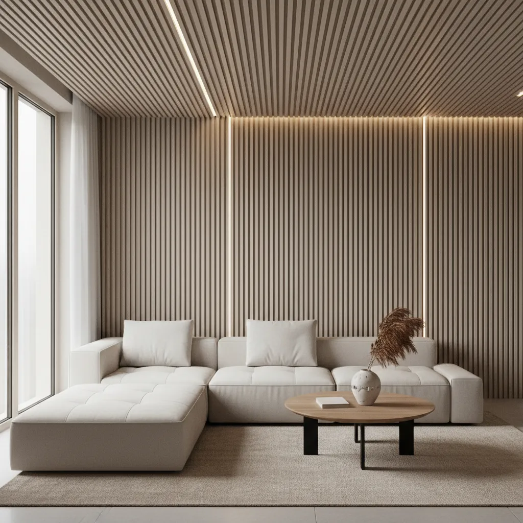Vertical wood slat wall extending into the ceiling in a modern living room