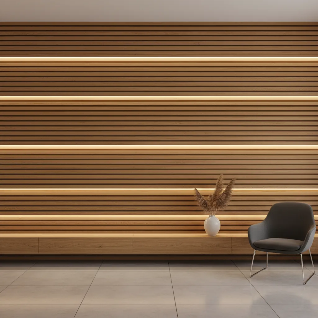 paneles de listones de madera verticales con iluminación indirecta