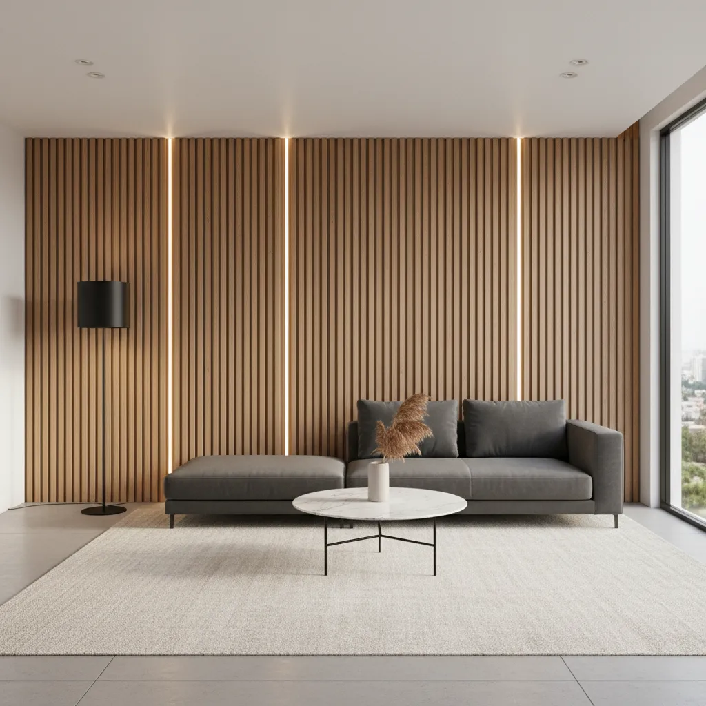 Modern vertical wooden slat wall paneling in contemporary interior