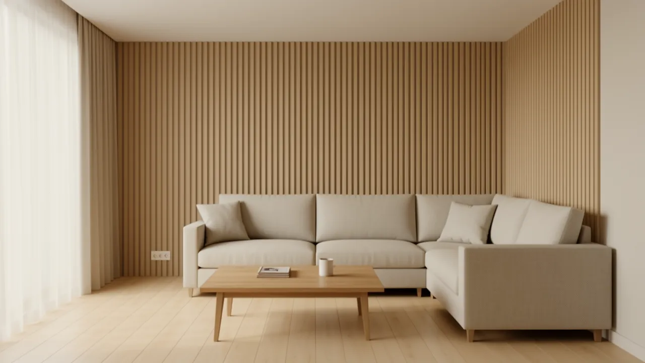 vertical wood slat wall making a small apartment living area appear taller