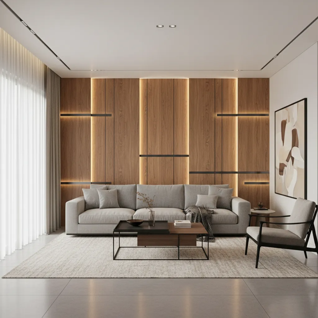 Vertical woodgrain Sunmica panels behind a living room sofa