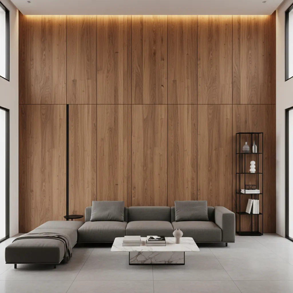 Vertical wooden tiles layout on modern living room feature wall