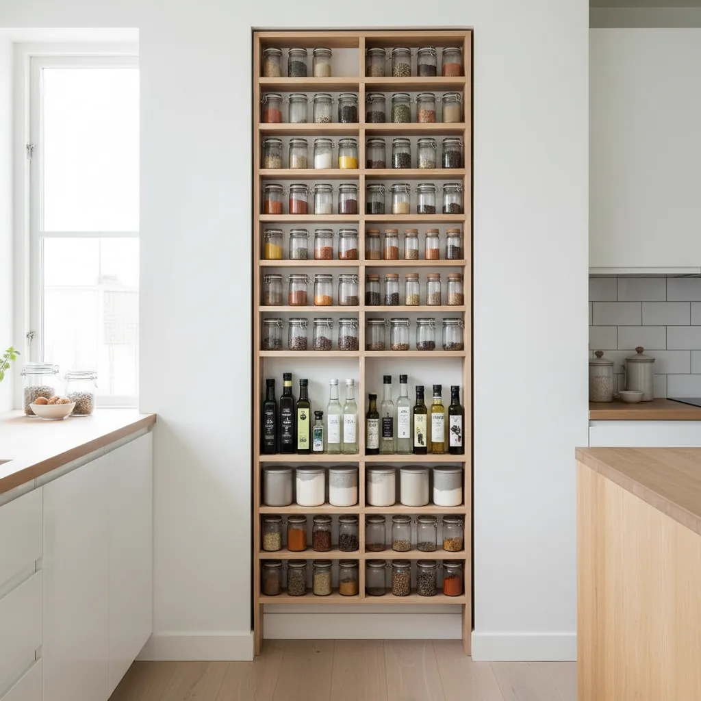 Tall vertical wooden kitchen rack storing jars oils and pantry items