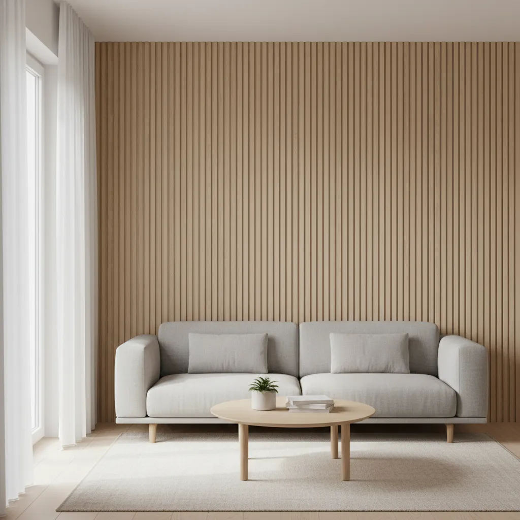 small living room with vertical WPC slat wall panel design
