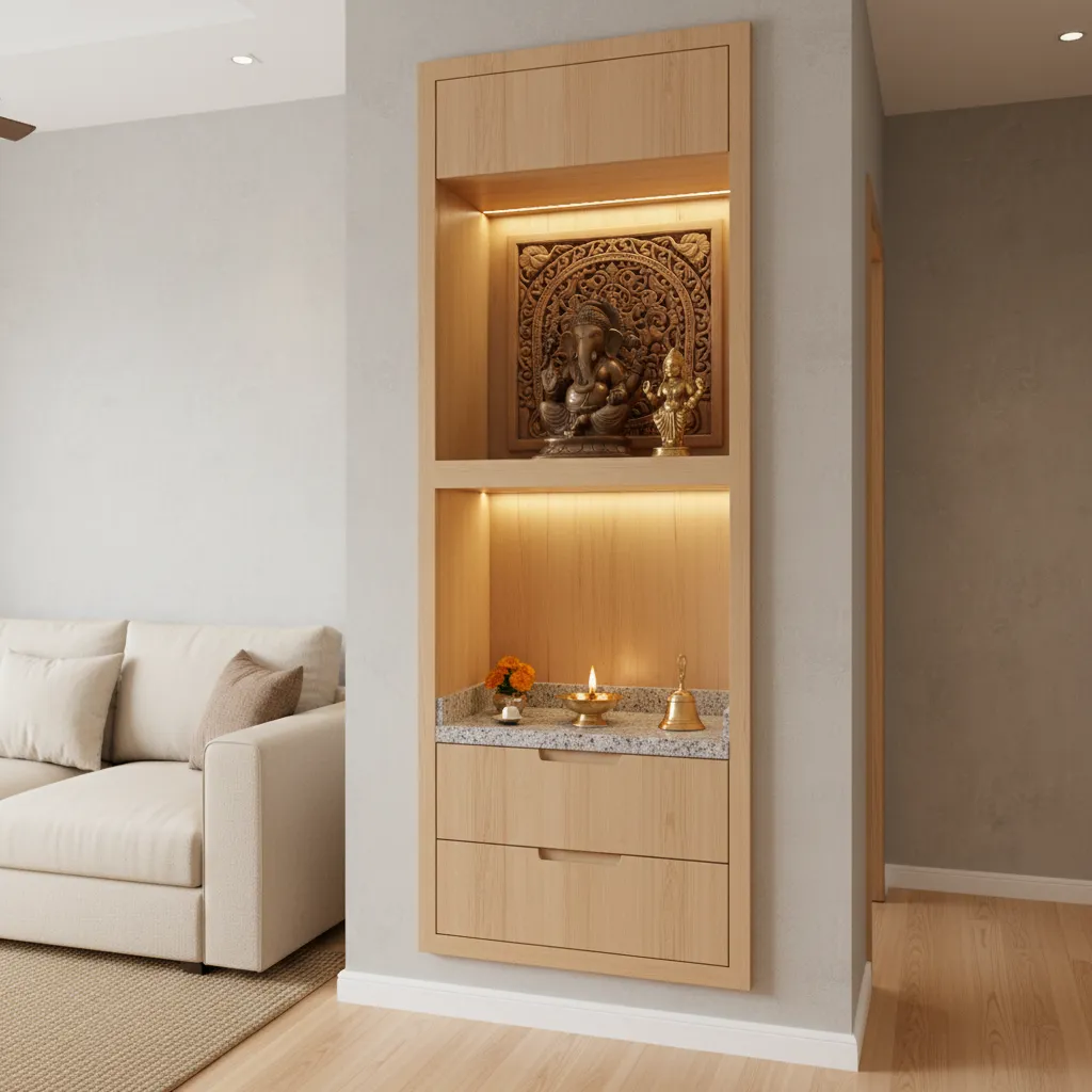 small mandir design showing vertical zoning with idols shelf ritual space and drawers