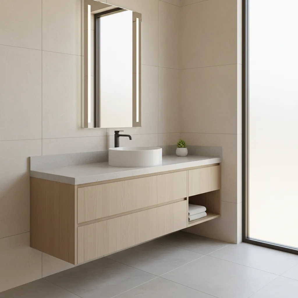 modern bathroom vanity with ceramic vessel sink on stone countertop