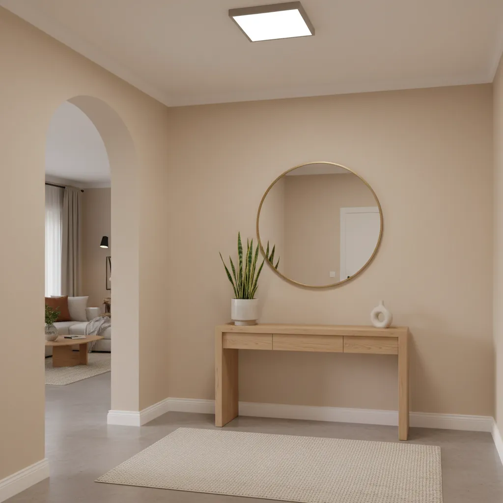 Vestíbulo sencillo con espejo grande, planta decorativa y consola ligera