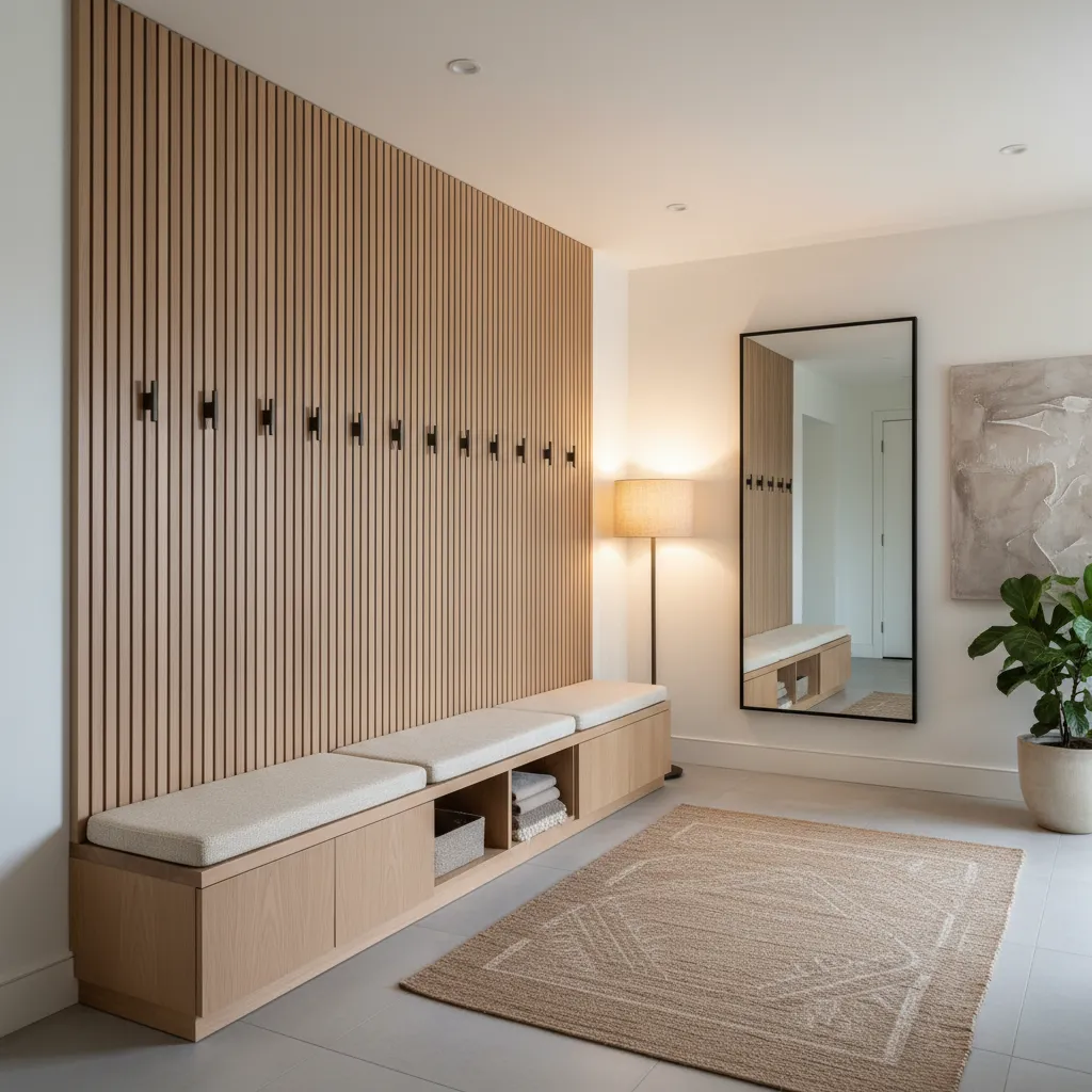 Vestíbulo moderno con banco de almacenaje y panel para abrigos