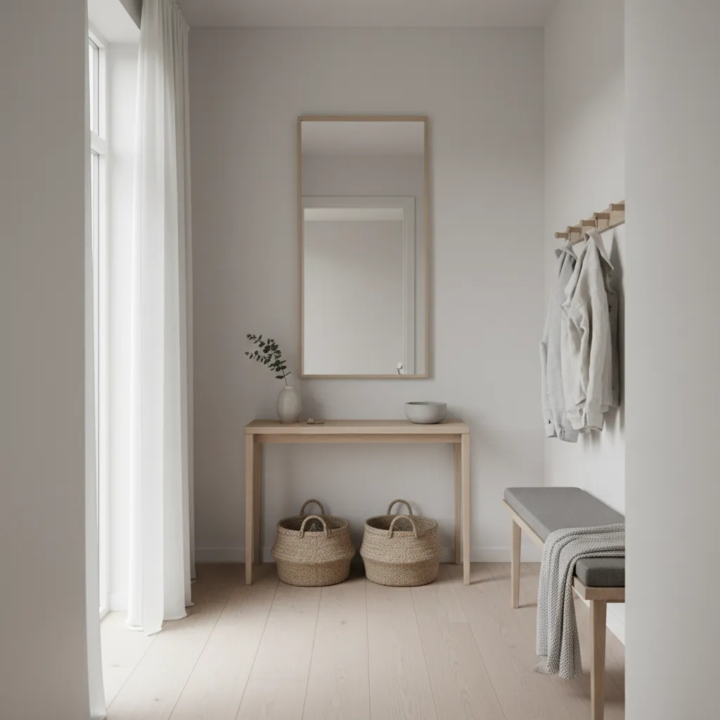Vestíbulo pequeño con consola estrecha y espejo vertical