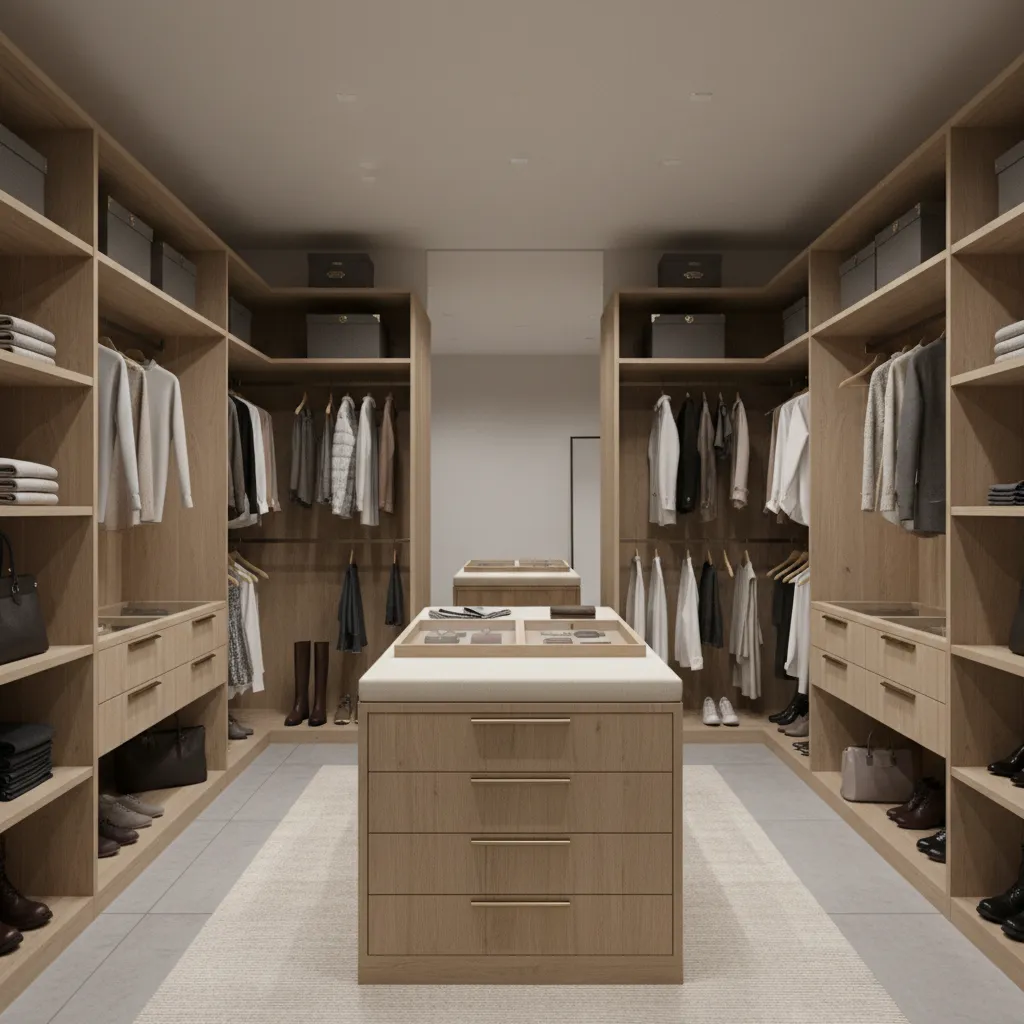 Visualización 3D de un vestidor con diferentes módulos de almacenamiento