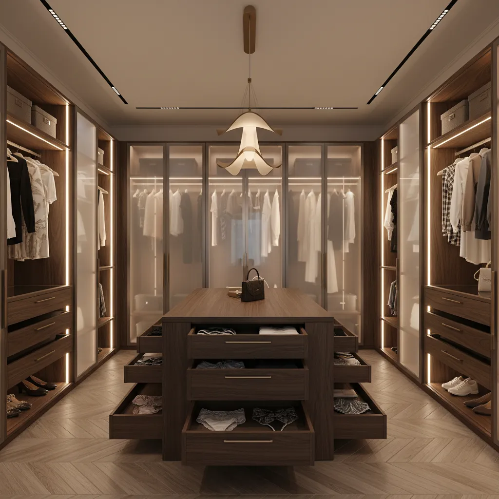 Vestidor moderno con cajoneras diseñadas para ropa interior y accesorios