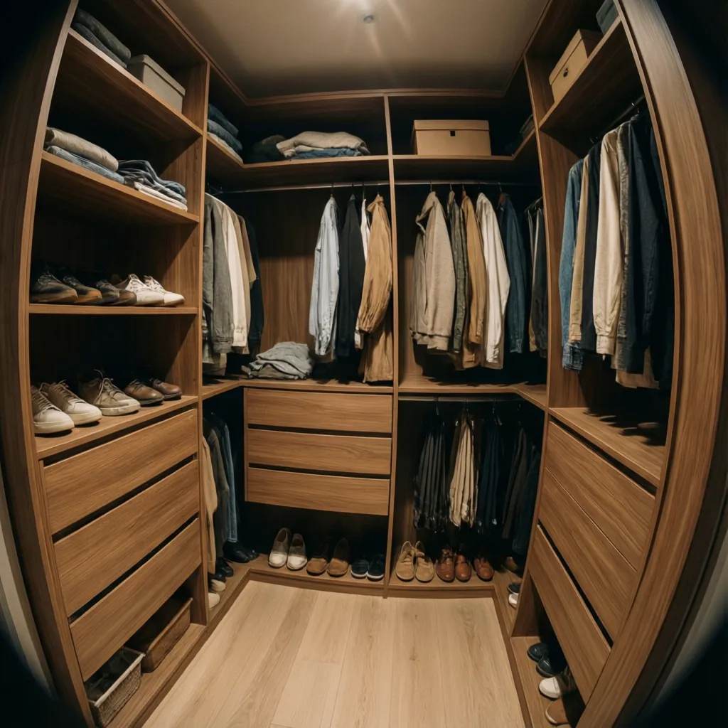 Vestidor pequeño pero bien organizado con estantes y barras de ropa