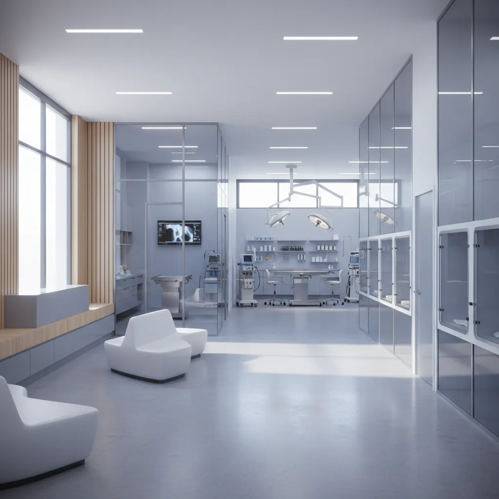 Distribución interior de una clínica veterinaria con consultorios y áreas médicas