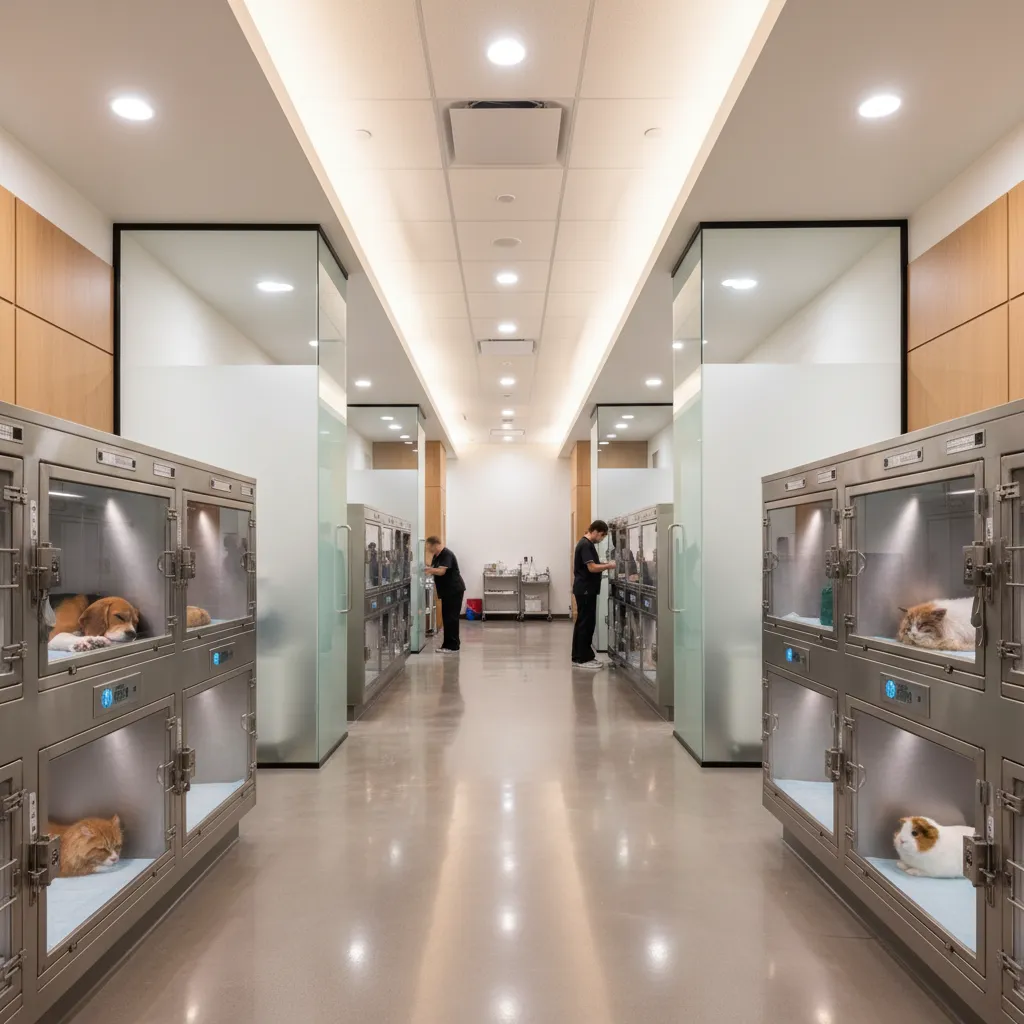 Área de hospitalización veterinaria con iluminación suave y espacio organizado