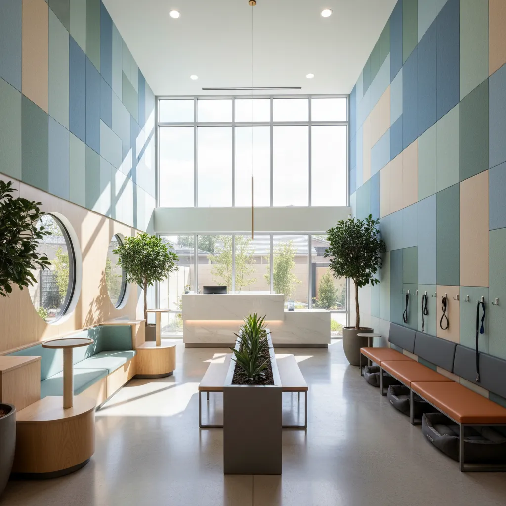 Sala de espera de clínica veterinaria con áreas separadas para perros y gatos