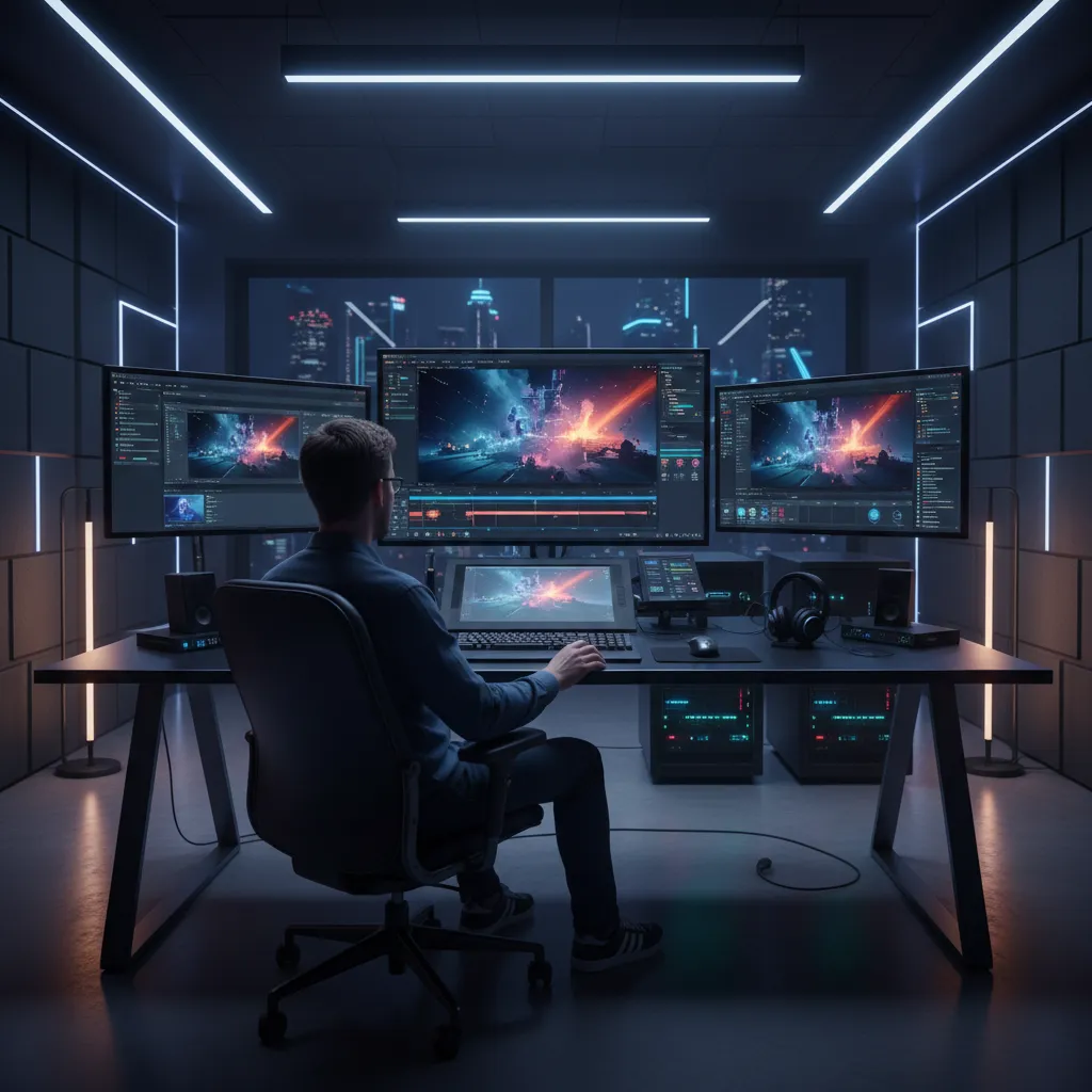 VFX studio rendering complex animation scene on GPU workstation