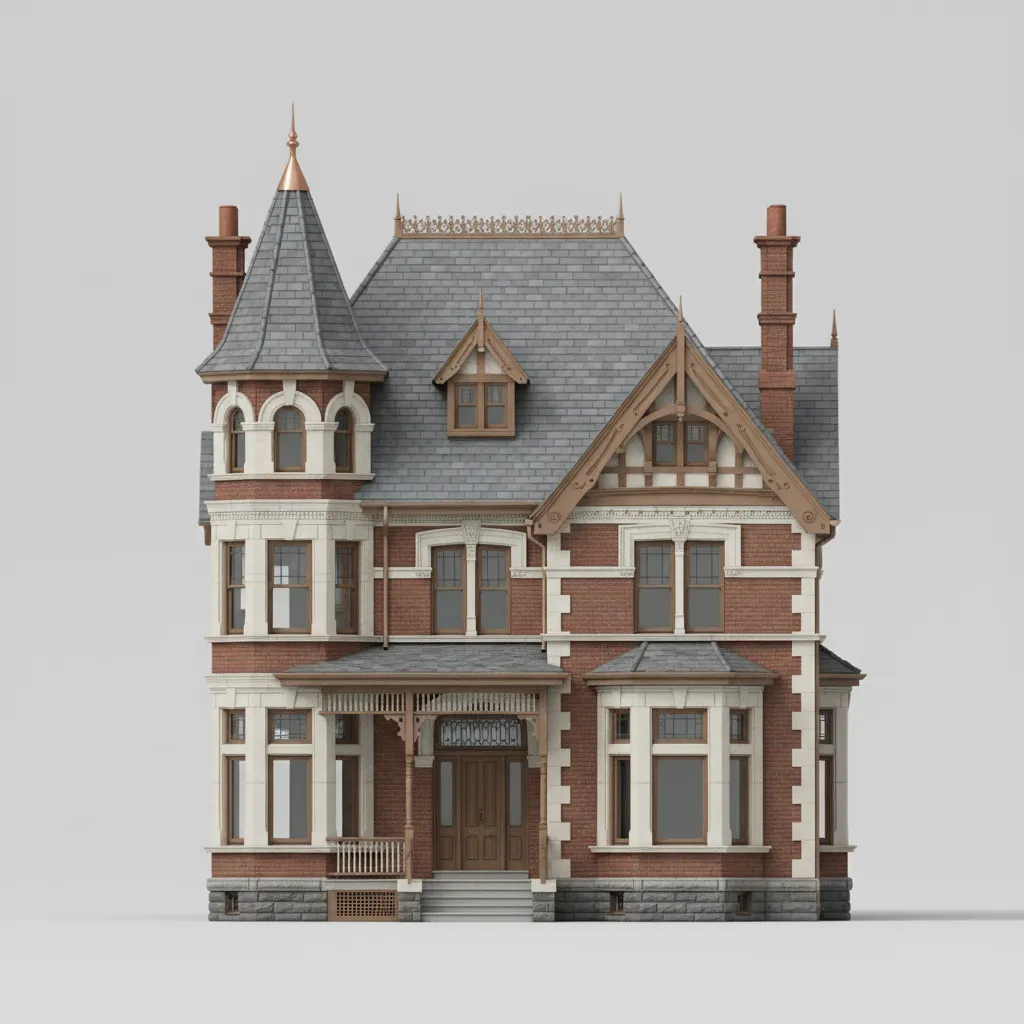 Modelo 3D de una casa victoriana mostrando estructura y fachada